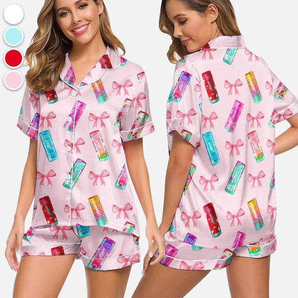 Alani Pajamas Set - Pickles Print Satin Pjs with Pockets, Short Sleeve Sleepwear for Women, Comfortable Everyday Homewear, Ideal Gift for Pickle Lovers